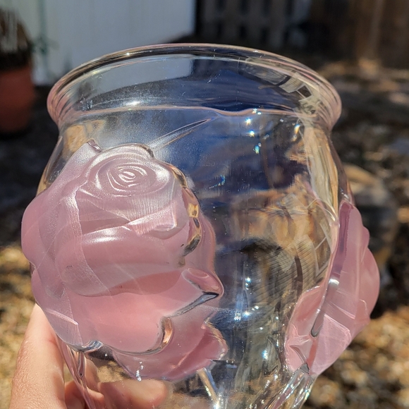 Vintage Teleflora Three Frosted Raised Pink Roses Low Crystal Glass Flower - Picture 10 of 10